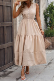 High Waisted Sleeveless Solid Color V-Neck Dress