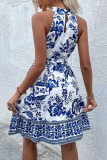 Floral Waist Cinching Neck Hanging Lace Up Dress