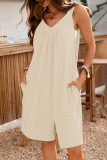 Solid Color V-Neck Loose Pocket Sleeveless Shorts Jumpsuit