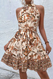 Floral Waist Cinching Neck Hanging Lace Up Dress