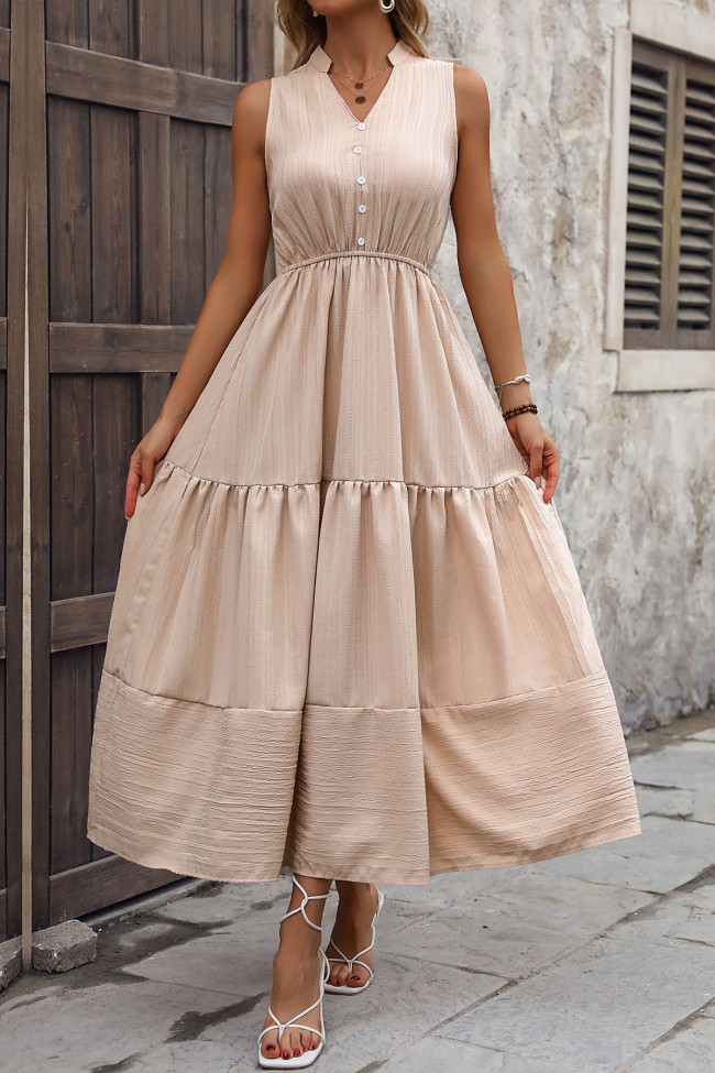 High Waisted Sleeveless Solid Color V-Neck Dress