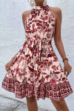 Floral Waist Cinching Neck Hanging Lace Up Dress