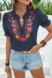 V-Neck Embroidery Bubble Short Sleeved Chiffon Shirt