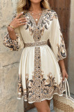 Printed V-Neck Seven Quarter Sleeve Waist Cinched Dress