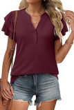 V-Neck Short Sleeved Ruffle Sleeve Button T-Shirt