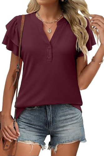 V-Neck Short Sleeved Ruffle Sleeve Button T-Shirt