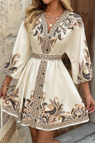 Printed V-Neck Seven Quarter Sleeve Waist Cinched Dress