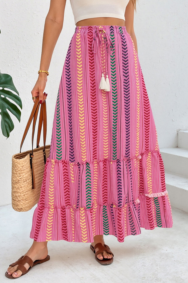 Summer Holiday Style Lace Up Striped Fringe Skirt