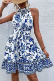 Floral Waist Cinching Neck Hanging Lace Up Dress