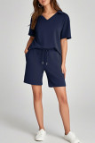 Large Size V-Neck Short Sleeved Loose Shorts Two-Piece Set