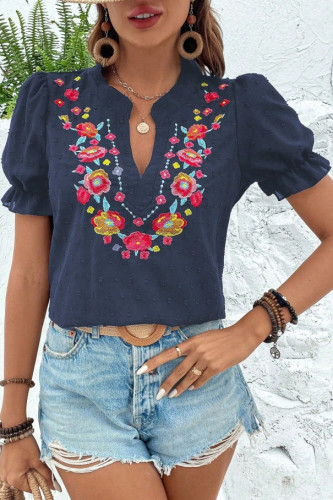 V-Neck Embroidery Bubble Short Sleeved Chiffon Shirt