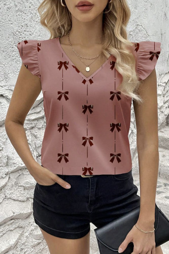 Summer V-Neck Short Sleeved Bow Printed Shirt