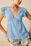 Hollow V-Neck Lotus Leaf Short Sleeved T-Shirt