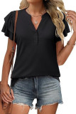 V-Neck Short Sleeved Ruffle Sleeve Button T-Shirt