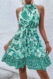 Floral Waist Cinching Neck Hanging Lace Up Dress