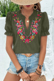 V-Neck Embroidery Bubble Short Sleeved Chiffon Shirt