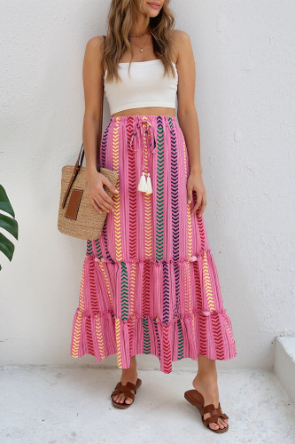 Summer Holiday Style Lace Up Striped Fringe Skirt