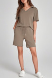 Large Size V-Neck Short Sleeved Loose Shorts Two-Piece Set