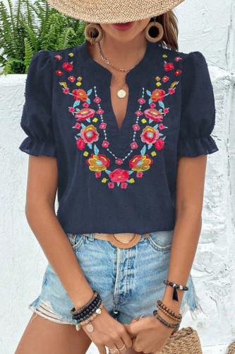 V-Neck Embroidery Bubble Short Sleeved Chiffon Shirt