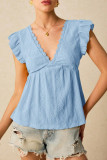 Hollow V-Neck Lotus Leaf Short Sleeved T-Shirt