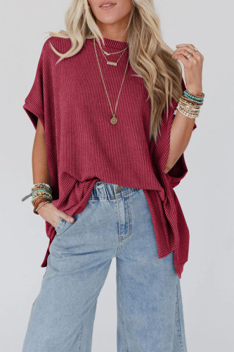 Solid Color Knitted Round Neck Bat Sleeve T-Shirt