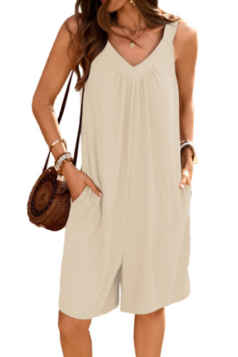Solid Color V-Neck Loose Pocket Sleeveless Shorts Jumpsuit
