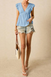 Hollow V-Neck Lotus Leaf Short Sleeved T-Shirt