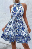 Floral Waist Cinching Neck Hanging Lace Up Dress