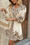 Printed V-Neck Seven Quarter Sleeve Waist Cinched Dress