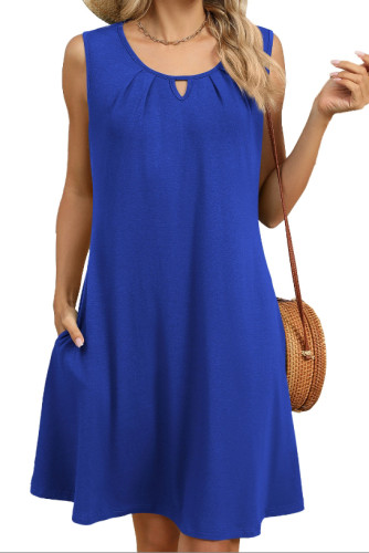 Solid Color Round Neck Hollow Pleated Sleeveless Dress