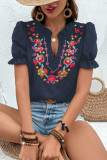V-Neck Embroidery Bubble Short Sleeved Chiffon Shirt