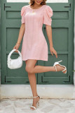 Solid Color Round Neck Pleated Short Sleeved Dress