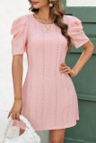 Solid Color Round Neck Pleated Short Sleeved Dress