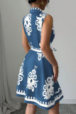 Lapel Printed Strap Sleeveless Waist Cinching Dress