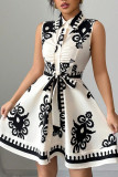 Lapel Printed Strap Sleeveless Waist Cinching Dress