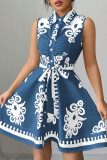 Lapel Printed Strap Sleeveless Waist Cinching Dress