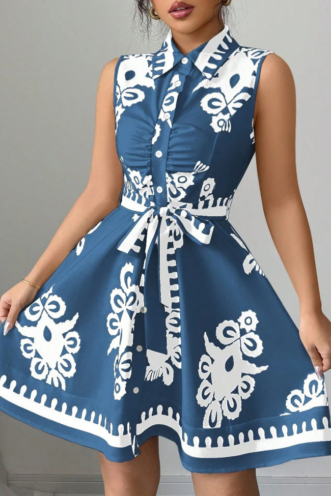 Lapel Printed Strap Sleeveless Waist Cinching Dress
