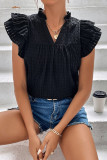 Solid Color V-Neck Ruffle Sleeve Short Sleeved T-Shirt