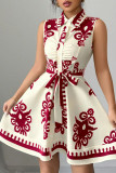Lapel Printed Strap Sleeveless Waist Cinching Dress