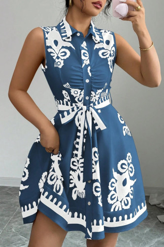 Lapel Printed Strap Sleeveless Waist Cinching Dress