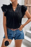 Solid Color V-Neck Ruffle Sleeve Short Sleeved T-Shirt