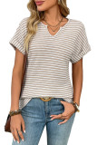 V-Neck Short Sleeved Loose Striped Casual T-Shirt