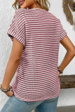 V-Neck Short Sleeved Loose Striped Casual T-Shirt