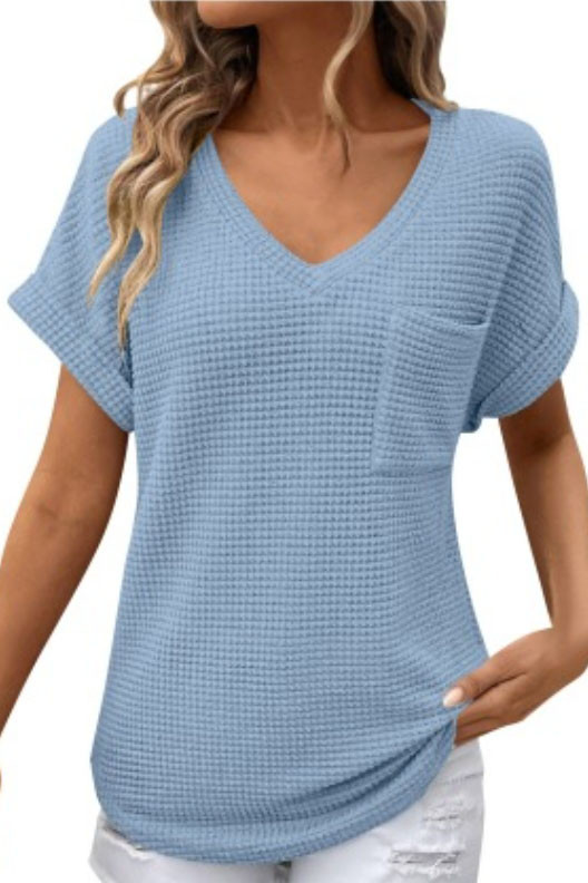 V-Neck Summer Waffle Pocket Short Sleeved T-Shirt