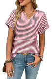V-Neck Short Sleeved Loose Striped Casual T-Shirt