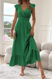 Solid Color Ruffled Short Sleeved Waist Cinching Dress