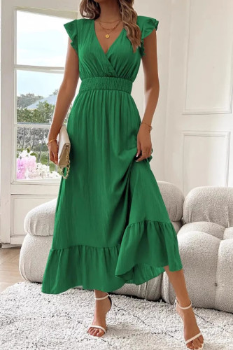 Solid Color Ruffled Short Sleeved Waist Cinching Dress