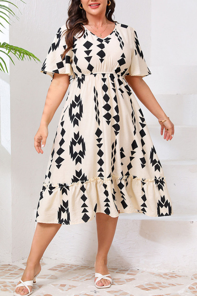 Large Size Bohemian Flared Short Sleeve Beach Dress