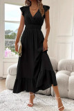 Solid Color Ruffled Short Sleeved Waist Cinching Dress
