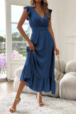 Solid Color Ruffled Short Sleeved Waist Cinching Dress
